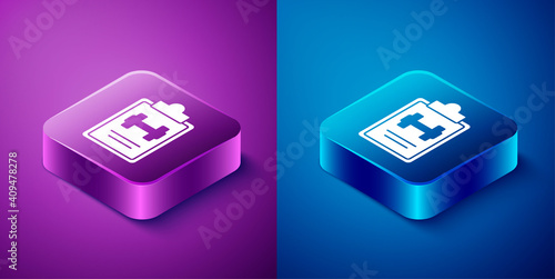 Isometric Sport training program or fitness plan icon isolated on blue and purple background. Square button. Vector.