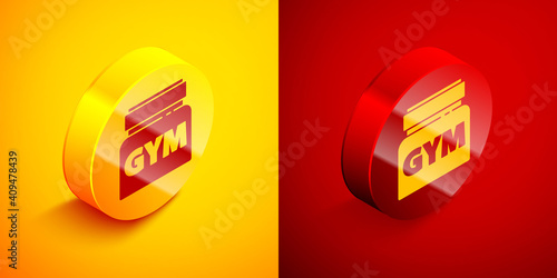 Isometric Sports nutrition bodybuilding proteine power drink and food icon isolated on orange and red background. Circle button. Vector.