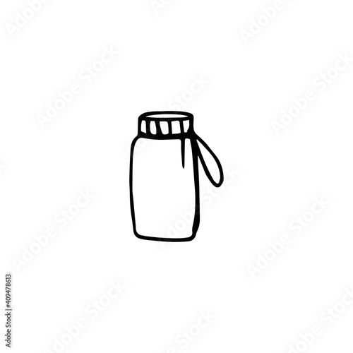 Vector doodle illustration of camping thermos. Picnic on the fresh air. Water purveyance. Hiking essentials inventory.For coloring pages, stationery, print, poster, stickers, travel blog icon on white