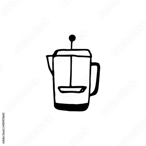 Vector doodle illustration of french press brewing metal teapot for hot drinks. Picnic on fresh air. Tea or coffee ceremony. For coloring pages, stationery, print, poster, stickers, cards, cafe menu 
