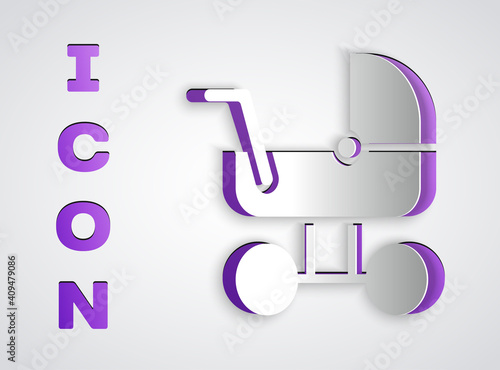 Paper cut Baby stroller icon isolated on grey background. Baby carriage, buggy, pram, stroller, wheel. Paper art style. Vector.
