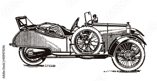 Antique three-wheeled cyclecar with rumble seat for children in side view, after an illustration from the early 20th century