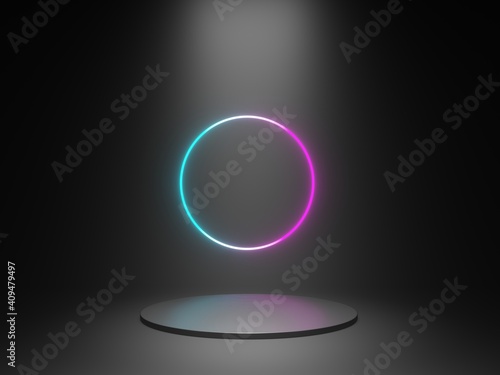 Round black podium for product display on neon background, show product display, luxury minimalist mockup - 3D render