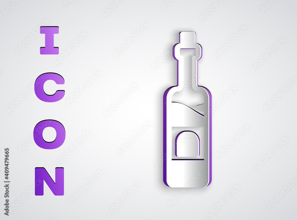 Paper cut Bottle of wine icon isolated on grey background. Paper art style. Vector. Paper cut Bottle of wine icon isolated on grey background. Paper art style. Vector.