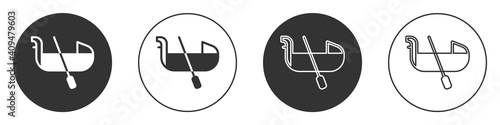 Black Gondola boat italy venice icon isolated on white background. Tourism rowing transport romantic. Circle button. Vector.