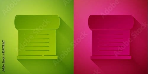 Paper cut Decree, paper, parchment, scroll icon icon isolated on green and pink background. Paper art style. Vector.