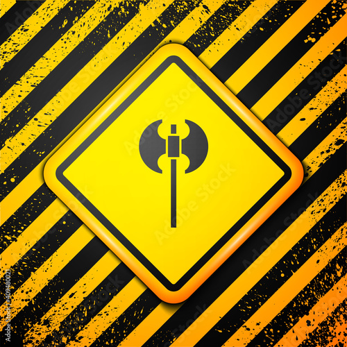 Black Medieval axe icon isolated on yellow background. Battle axe, executioner axe. Medieval weapon. Warning sign. Vector.