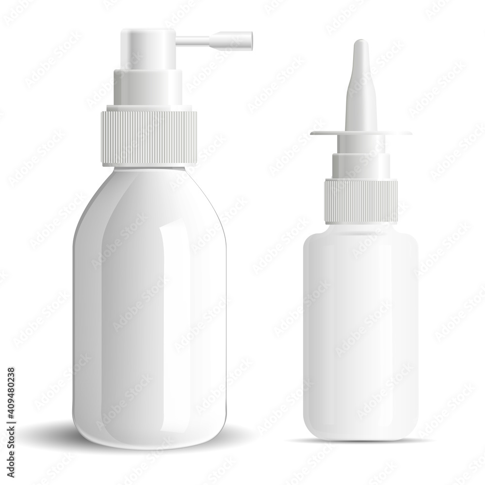 Vecteur Stock Nasal spray bottle, nose or throat medicine aerosol blank.  Isolated vector container with dropper for nozzle drug product. Realistic  oral dosedispenser mock up against flu, pharmaceutical medication | Adobe  Stock