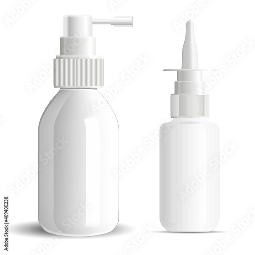 Nasal spray bottle, nose or throat medicine aerosol blank. Isolated vector container with dropper for nozzle drug product. Realistic oral dosedispenser mock up against flu, pharmaceutical medication