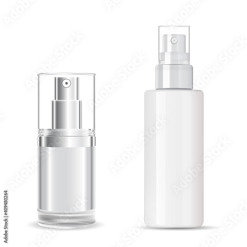 Cosmetic spray bottle. Transparent plastic package design mockup. Clear perfume bottle template. Atomizer pump glass container for skin care aerosol, liquid toner. Realistic acrylic packaging