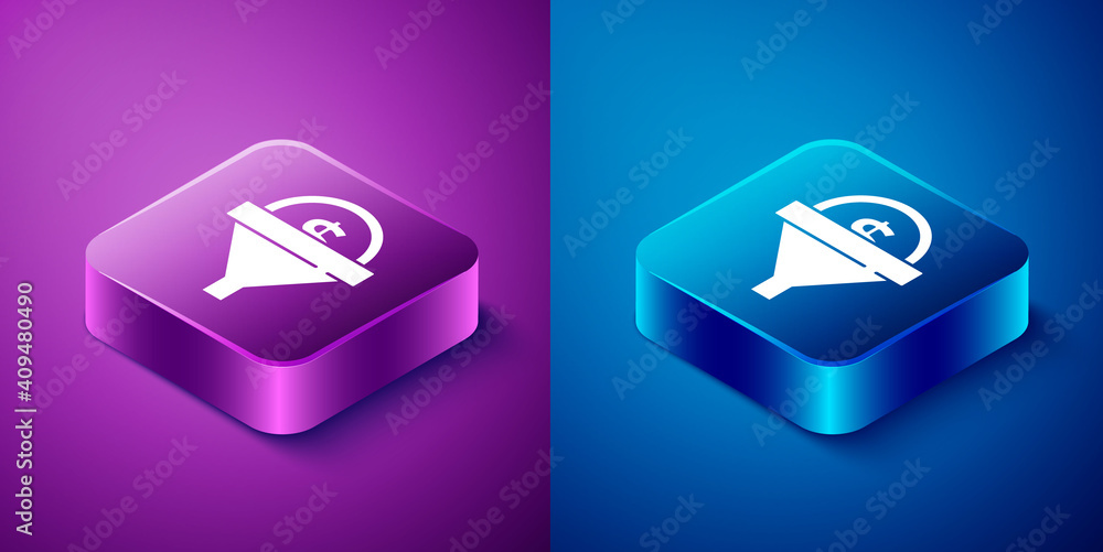 Isometric Lead management icon isolated on blue and purple background. Funnel with money. Target client business concept. Square button. Vector. Isometric Lead management icon isolated on blue and purple background. Funnel with money. Target client business concept. Square button. Vector.