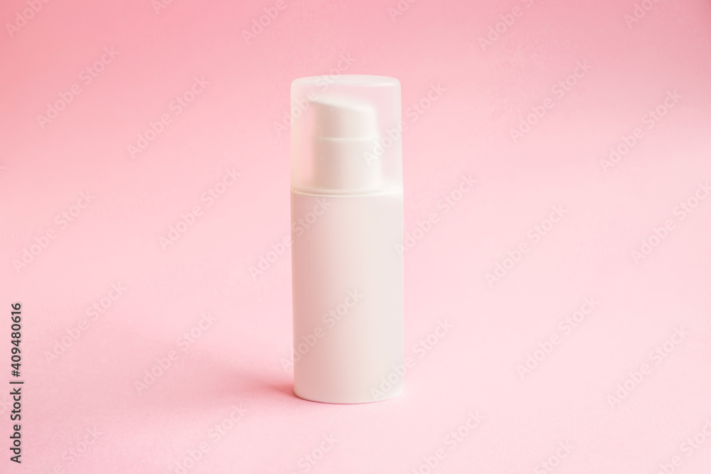 One bottle of cream with dispenser on pink background mockup. beauty spa medical skincare and cosmetic lotion cream packaging product, medicine serum for anti-aging collagen facial, cleansing One bottle of cream with dispenser on pink background mockup. beauty spa medical skincare and cosmetic lotion cream packaging product, medicine serum for anti-aging collagen facial, cleansing