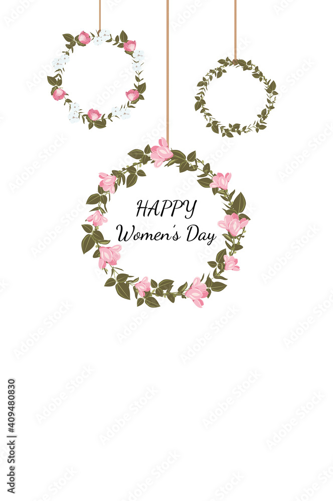 8 march. Happy Woman's Day. Vector minimalistic congratulation card with floral wreath on white background.
