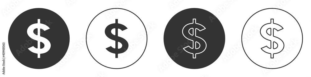 Black Dollar symbol icon isolated on white background. Cash and money, wealth, payment symbol. Casino gambling. Circle button. Vector. - obrazy, fototapety, plakaty 