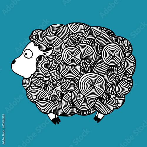 sheep Drawing circle style cartoon line background blue. vector, illustration