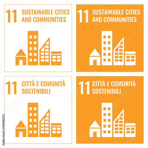 11 Sustainable cities and communities, agenda 2030 Corporate social responsibility. Sustainable Development Goals SDG sign Pictogram, web, mobile, promotion, design, element for educational, school #409482433