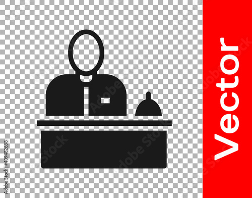 Black Receptionist standing at hotel reception desk icon isolated on transparent background. Vector.