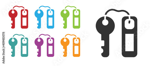 Black Hotel door lock key with number tag icon isolated on white background. Set icons colorful. Vector.