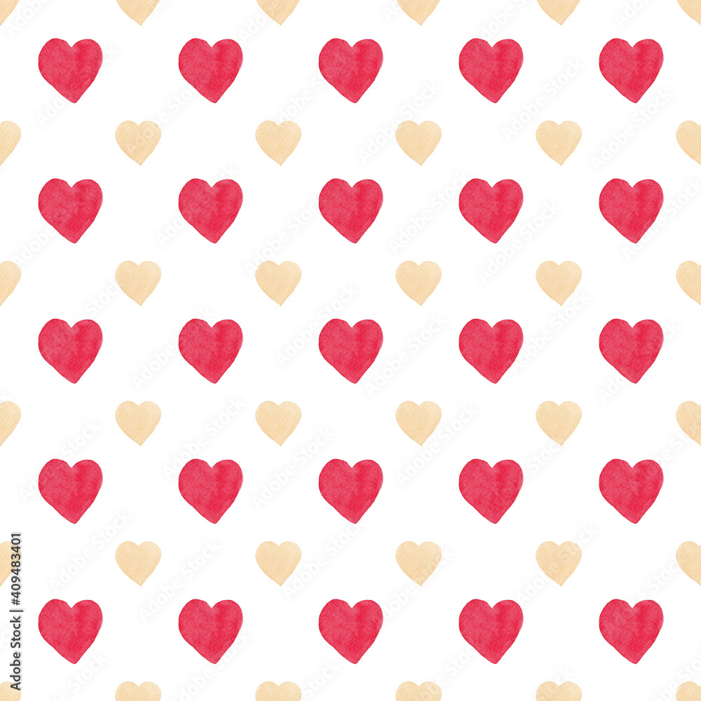 Watercolor beige and pink hearts seamless pattern. Watercolor fabric. Repeat hearts. Use for design wedding, invitations, birthdays