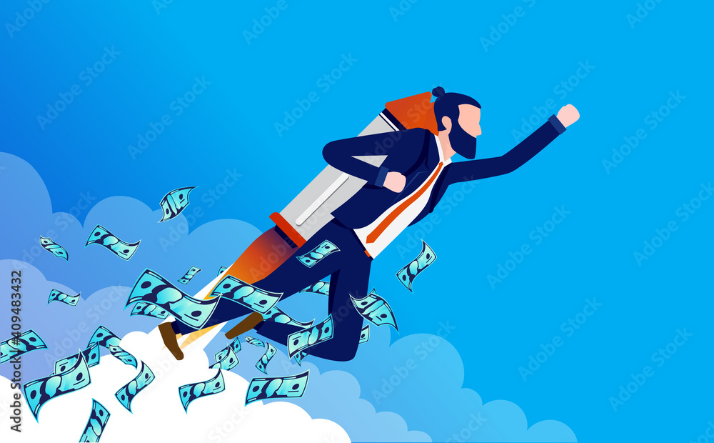 Obraz premium Businessman with financial success - Man with jet pack flying in blue sky with lots of money. Business and career motivation concept. Vector illustration.