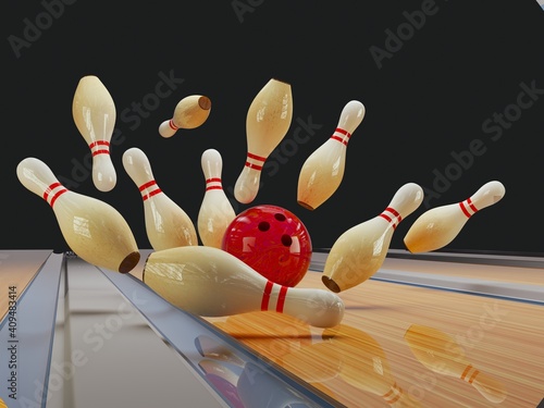 bowling strike. Skittles and bowling ball on the track