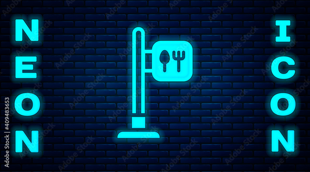 Glowing neon Cafe and restaurant location icon isolated on brick wall background. Fork and spoon eatery sign inside pinpoint. Vector.. Glowing neon Cafe and restaurant location icon isolated on brick wall background. Fork and spoon eatery sign inside pinpoint. Vector..