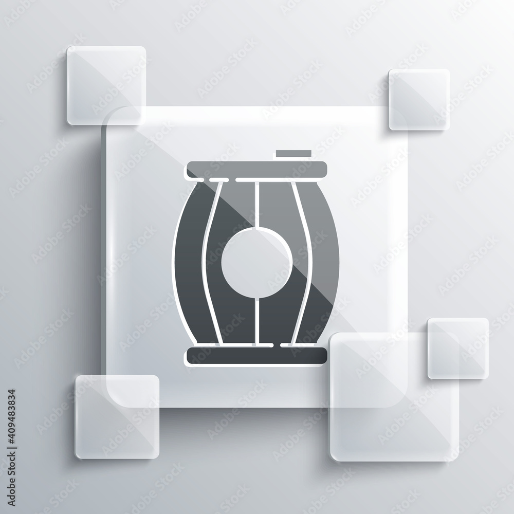 Fototapeta premium Grey Gun powder barrel icon isolated on grey background. TNT dynamite wooden old barrel. Square glass panels. Vector.