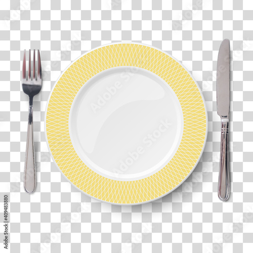 Empty vector yellow plate with geometric white pattern and knife and fork isolated on transparent background. View from above.