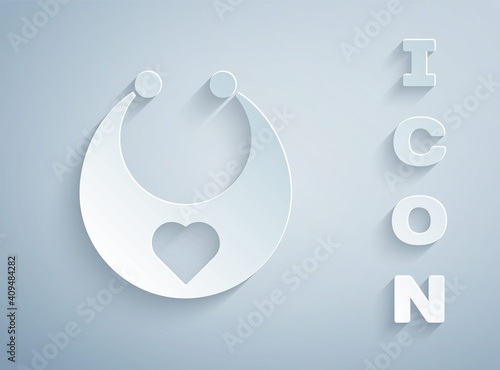 Paper cut Baby bib icon isolated on grey background. Paper art style. Vector.