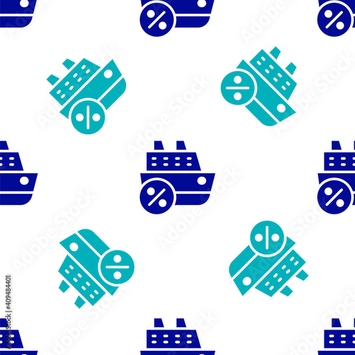 Blue Cruise ship icon isolated seamless pattern on white background. Travel tourism nautical transport. Voyage passenger ship, cruise liner. Worldwide cruise. Vector.