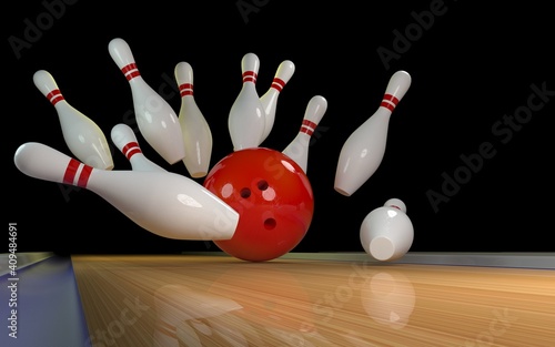 bowling strike. Skittles and bowling ball on the track