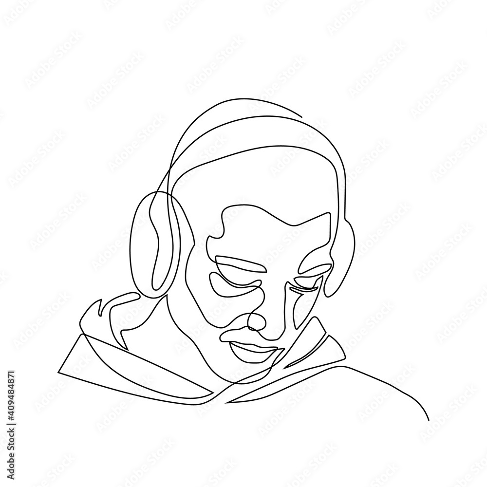 profile portrait of man in headphones - one line drawing profile portrait of man in headphones - one line drawing