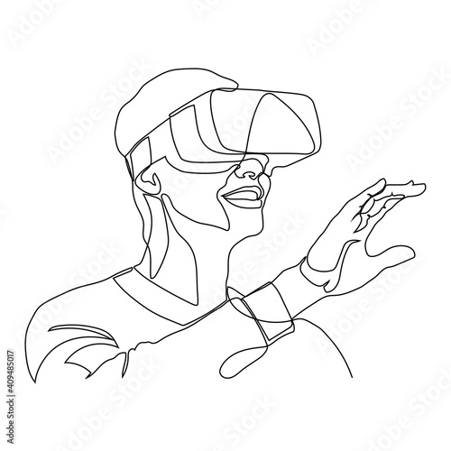 Continuous one line drawing Man in glasses device virtual reality and VR