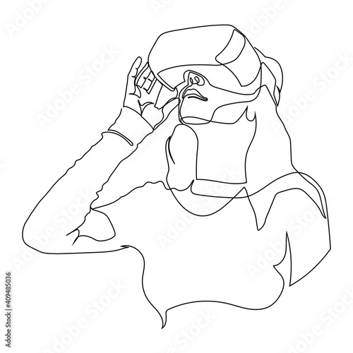 One line drawing of a girl feeling exited using Virtual Reality glasses and VR