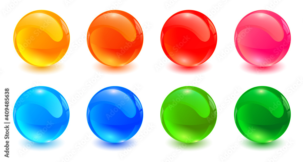 Set of colored spheres, shiny and glossy 3D colorful glass balls collection, multicolored vector illustration. Set of colored spheres, shiny and glossy 3D colorful glass balls collection, multicolored vector illustration.