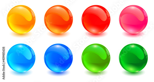 Set of colored spheres, shiny and glossy 3D colorful glass balls collection, multicolored vector illustration.