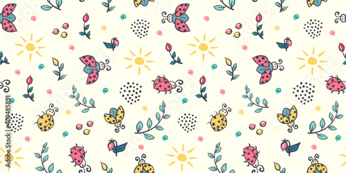 Cute ladybug seamless pattern. Ladybird cartoon character childrens illustration. Lady-beetle floral summer vector pattern with insects, sun, plants for kids, baby, textile, fabric, packaging
