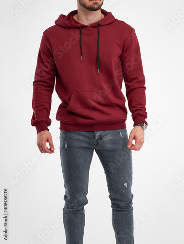 Boy in Red Hoodie and Brown Jacket Wearing Denim Jeans · Free