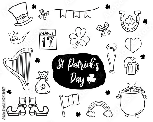 Saint Patrick's Day irish icons set. Symbols - hat, beer, horseshoe, bows, pipe, pot with golden, etc.