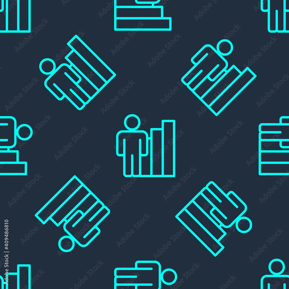 Green line Productive human icon isolated seamless pattern on blue background. Idea work, success, productivity, vision and efficiency concept. Vector. Green line Productive human icon isolated seamless pattern on blue background. Idea work, success, productivity, vision and efficiency concept. Vector.