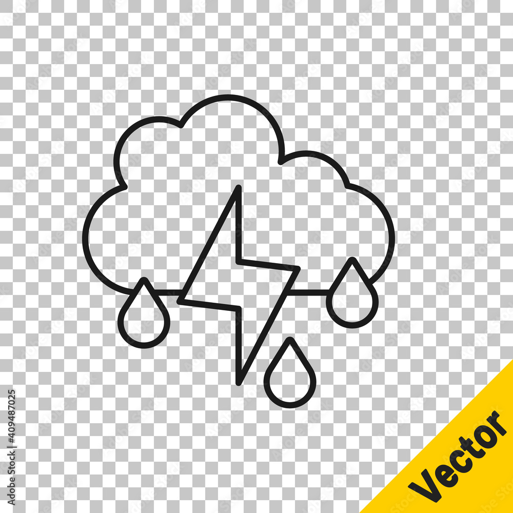 Black line Cloud with rain and lightning icon isolated on transparent background. Rain cloud precipitation with rain drops.Weather icon of storm. Vector. Black line Cloud with rain and lightning icon isolated on transparent background. Rain cloud precipitation with rain drops.Weather icon of storm. Vector.