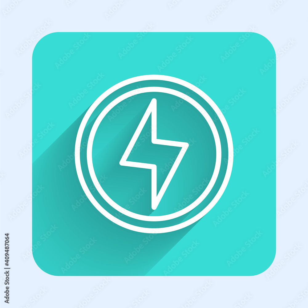 White line Lightning bolt icon isolated with long shadow. Flash sign. Charge flash icon. Thunder bolt. Lighting strike. Green square button. Vector. White line Lightning bolt icon isolated with long shadow. Flash sign. Charge flash icon. Thunder bolt. Lighting strike. Green square button. Vector.