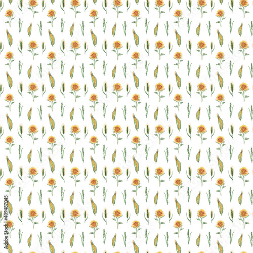 Watercolor seamless pattern with cute orange sunflowers. Hand drawn hand painted realistic watercolor illustrations. Great for background, textile, fabric, paper design and scrapbooking. 