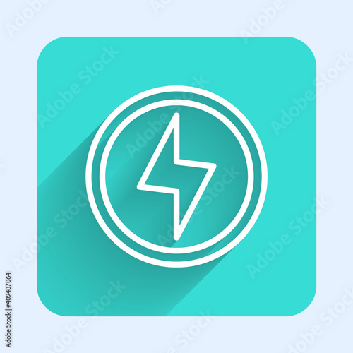 White line Lightning bolt icon isolated with long shadow. Flash sign. Charge flash icon. Thunder bolt. Lighting strike. Green square button. Vector.
