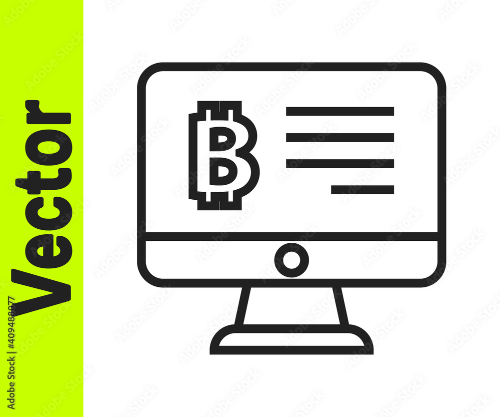Black line Mining bitcoin from monitor icon isolated on white background. Cryptocurrency mining, blockchain technology service. Vector. Black line Mining bitcoin from monitor icon isolated on white background. Cryptocurrency mining, blockchain technology service. Vector.