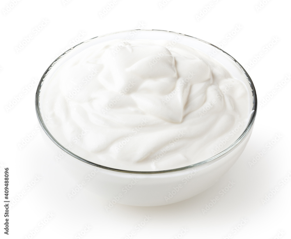 Sour cream in glass bowl isolated on white background with clipping path Sour cream in glass bowl isolated on white background with clipping path