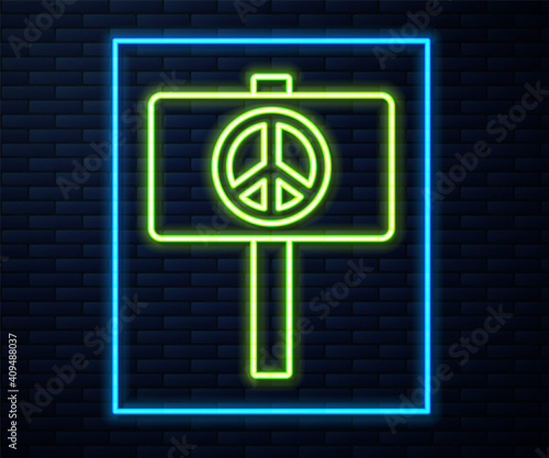 Glowing neon line Peace icon isolated on brick wall background. Hippie symbol of peace. Vector.