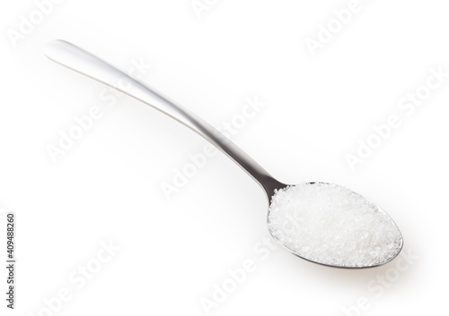 Teaspoon of sugar isolated on white background with clipping path