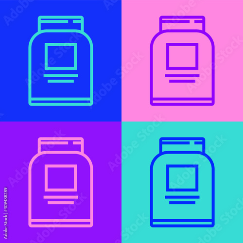 Pop art line Sports nutrition bodybuilding proteine power drink and food icon isolated on color background. Vector.