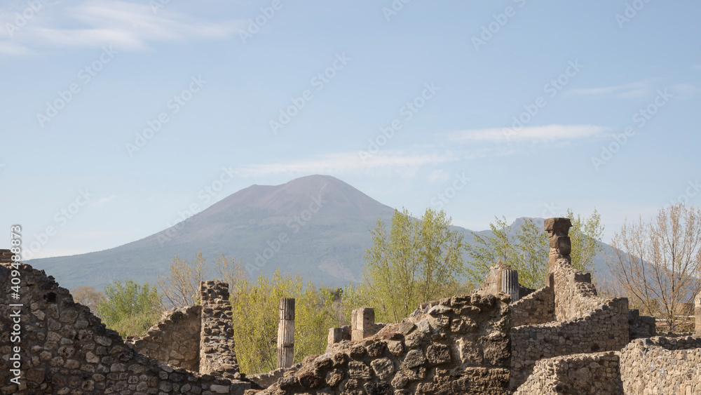 Views of Mount Vesuvius from Pompeii. Italy